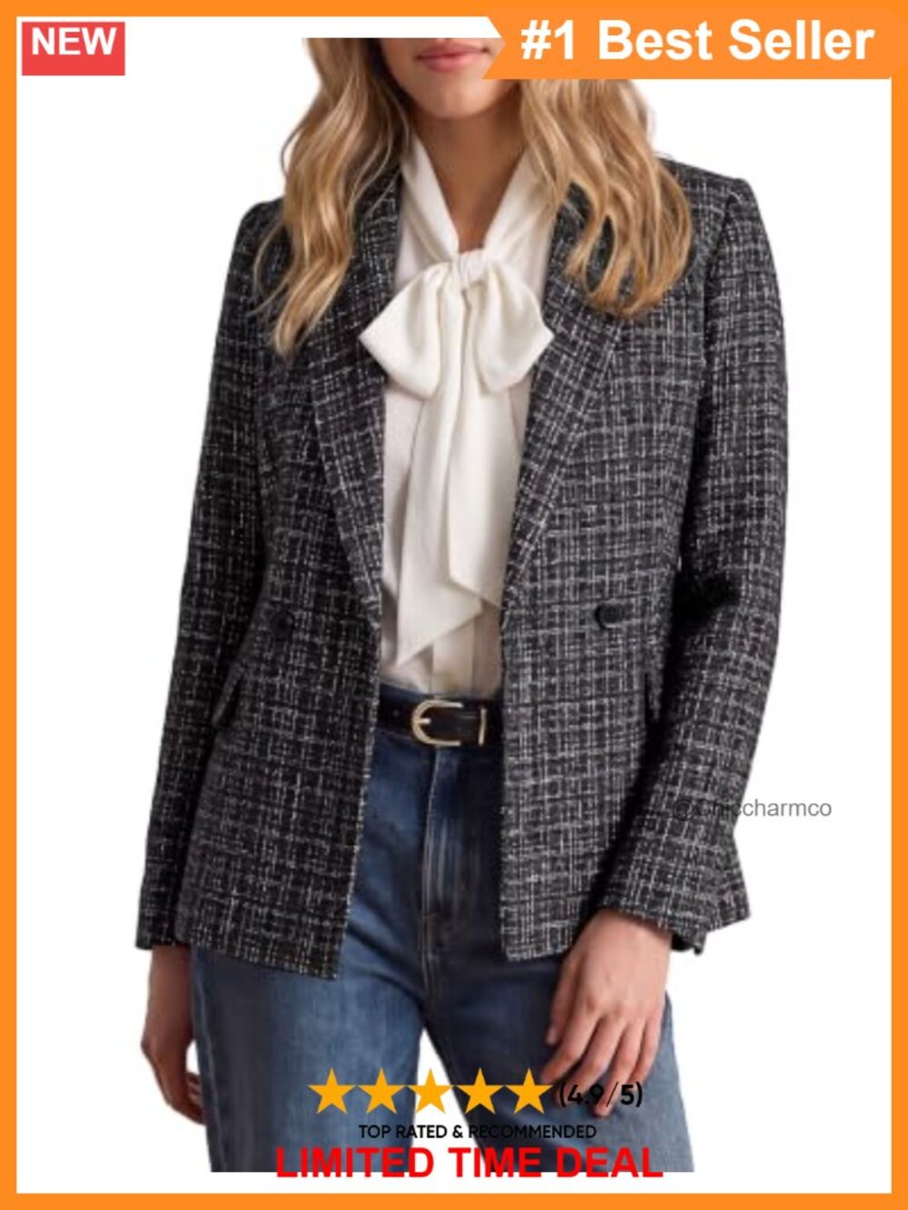 Tweed Double Breasted Blazer Notched Lapel Business Casual